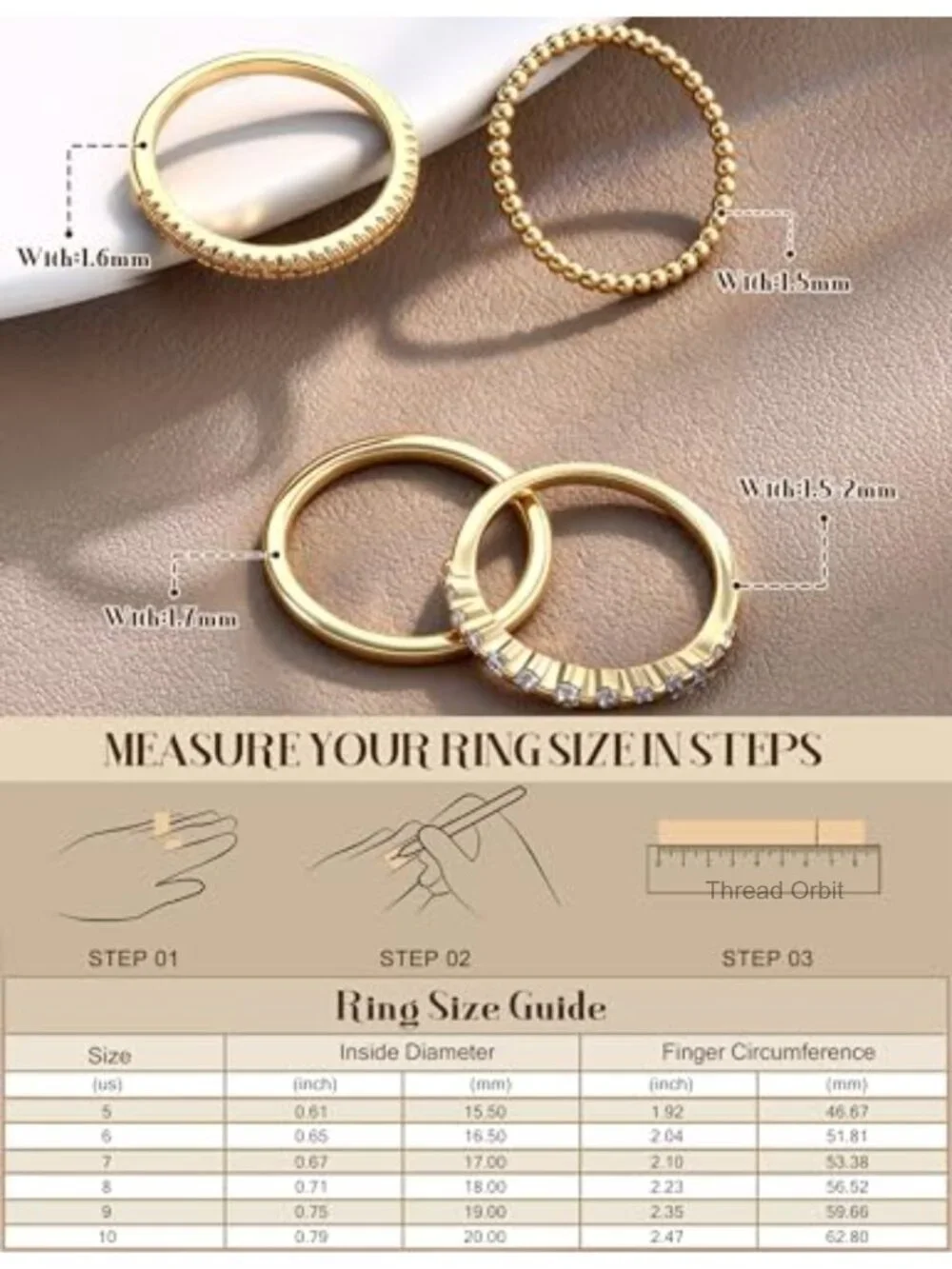 14K Gold Plated Stackable Rings Set Dainty Cubic Zirconia Non Tarnish Rings for